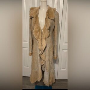 Roberto Cavalli Beige Ruched Suede and Shearling High-Low Coat (tags shown)